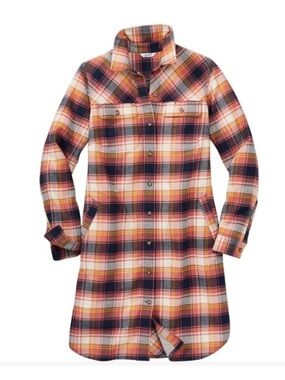 Duluth Trading Co Plaid Longline Duster - Orange, Navy. NWT